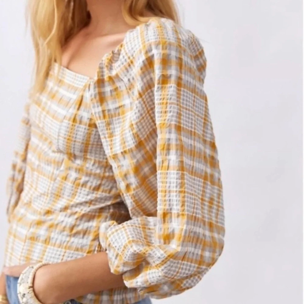 Anthropologie Maeve Plaid Print Square-Neck Blouse Puff Sleeves Cream Yellow Top